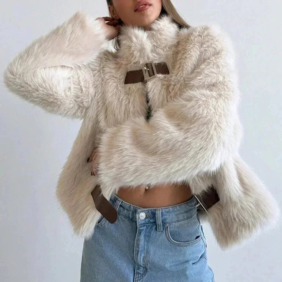 Apricot Casual Women's Stand Collar Fitted Long Sleeve Fluffy Button Jacket - Picture 9 of 9